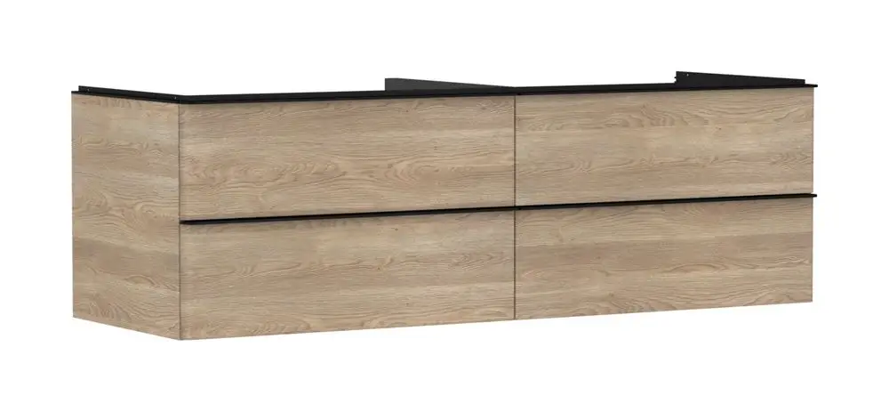 Waschtischunterschrank mit vier Schubkästen in hellem Holzdekor, geeignet für einen Aufsatzwaschtisch, von der Marke Hansgrohe. Schwarz abgesetzte Oberkante.